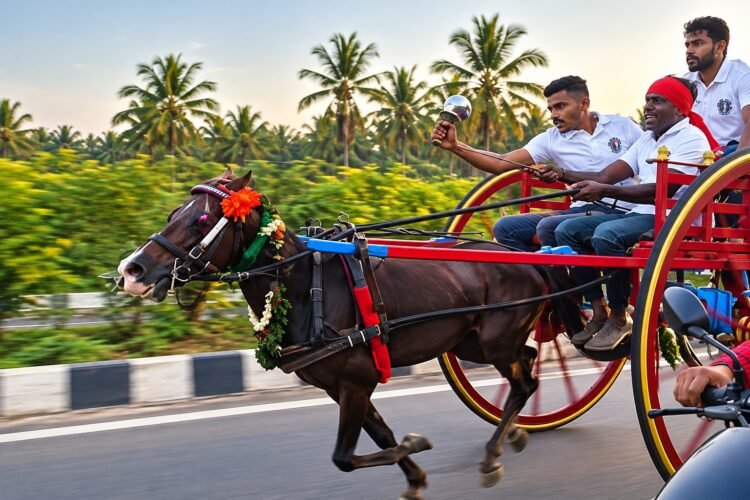 ಮಂಡ್ಯದ ರಾಷ್ಟ್ರೀಯ ಹೆದ್ದಾರಿಯಲ್ಲಿ ಕುದುರೆ ಗಾಡಿ ರೇಸ್